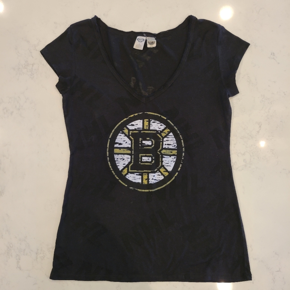 NHL Bruins T-Shirt, Size L, Black, sheer NHL logo thru-out...See photos